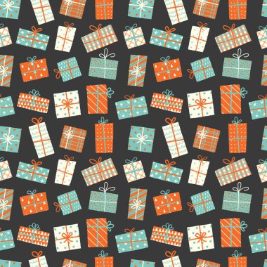 Kusursuz bir geçmişi ve hediye kutuları var. Duvar kağıdı, şablon dolguları, tekstil, web sayfası arka planı, yüzey dokuları için kullanılabilir