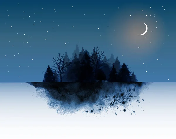 Bosque Salvaje Oscuro Fondo Cielo Nocturno Con Estrellas Luna Creciente — Vector de stock