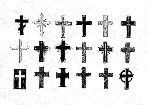 Collection Christian Crosses Doodle Sketch Illustration Old Paper Background — Stock Vector