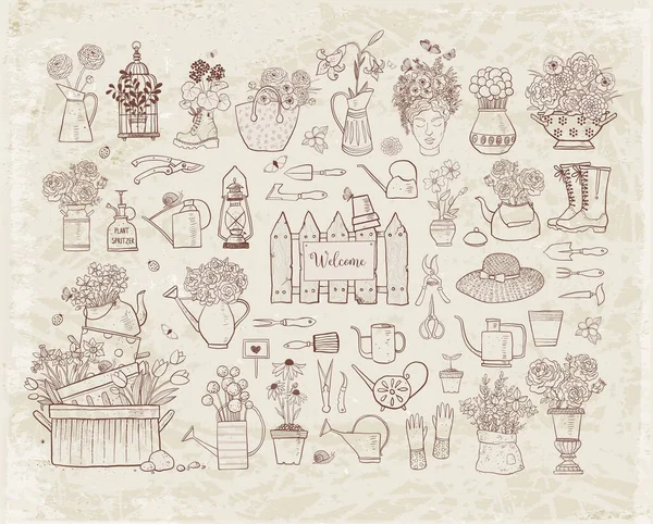 Coleção Elementos Esboço Doodle Primavera Flores Ferramenta Jardineiro Insetos Borboletas —  Vetores de Stock