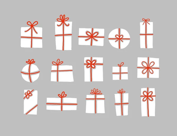 Set White Christmas Gift Boxes Red Ribbons Grey Background — Stock Vector