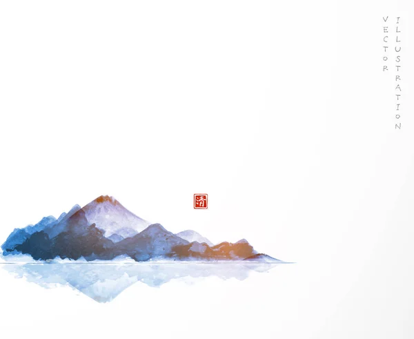 Niebieskie Góry Odbijają Się Wodzie Tradycyjne Orientalne Malowanie Atramentem Sumi — Wektor stockowy