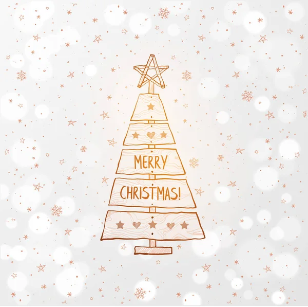 雪の結晶と白い輝く背景に白い板で作られたクリスマスツリー 素朴なスタイルでクリスマスカード — ストックベクタ