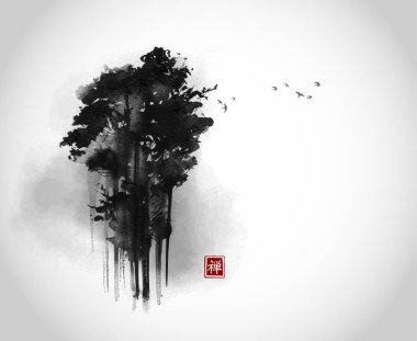 Yüksek orman ağaçları ve sis içindeki kuş sürüsü. Geleneksel oryantal mürekkep boyası sumi-e, u-sin, go-hua. Hiyeroglifin çevirisi - zen.