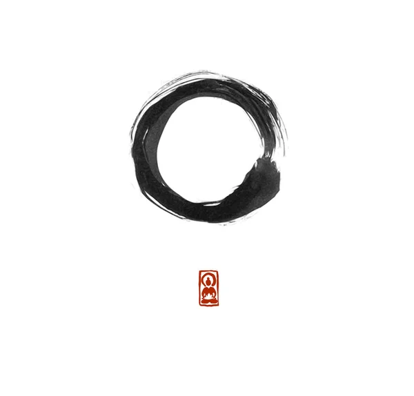 Círculo Zen Enso Negro Sobre Fondo Blanco Tinta Japonesa Tradicional — Vector de stock