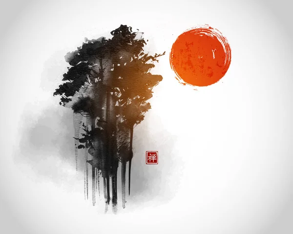 Hoge Bosbomen Grote Rode Zon Mist Traditionele Oosterse Inkt Schilderen — Stockvector