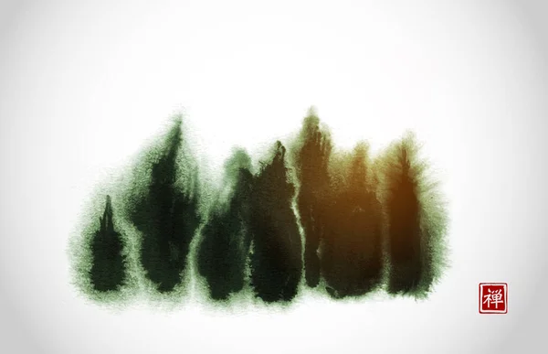 Inkt Wassen Schilderen Bomen Met Hand Getekend Met Sumi Inkt — Stockvector