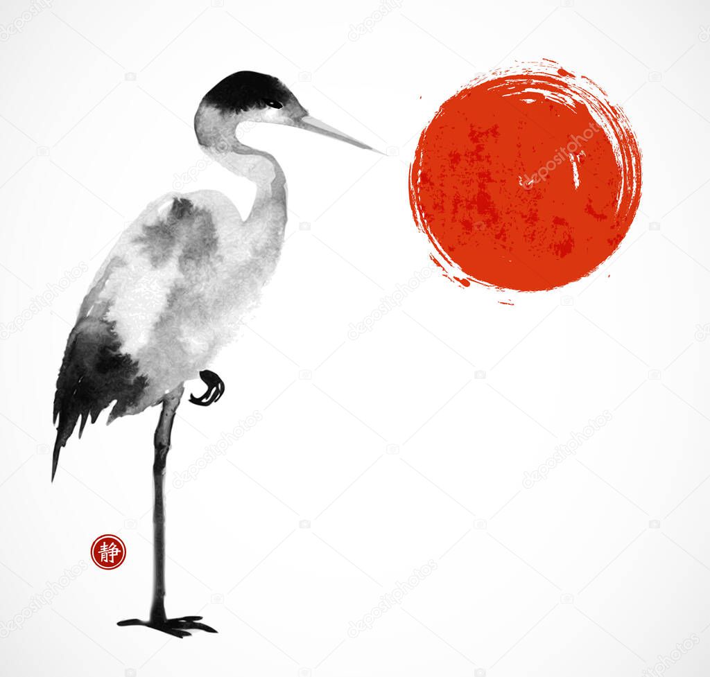 Heron and big red sun. Traditional oriental ink painting sumi-e, u-sin, go-hua. Translation of hieroglyph - silence