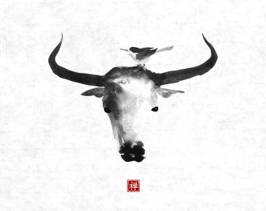 Boğa kafasındaki küçük kuşun mürekkep resmi, 2021 yılının Çin yılbaşı sembolü klasik desenli pirinç kağıdı. Hiyeroglifin çevirisi - zen.
