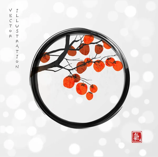Persimmon Tree Branch Big Orange Fruits Enso Zen Circle White — Stock Vector