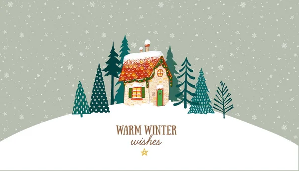 圣诞贺卡 上面有可爱的小房子和雪地背景的树 — 图库矢量图片