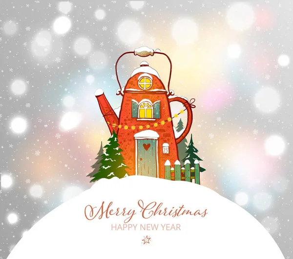 Carte Voeux Noël Avec Jolie Maison Rouge Forme Théière Sur — Image vectorielle