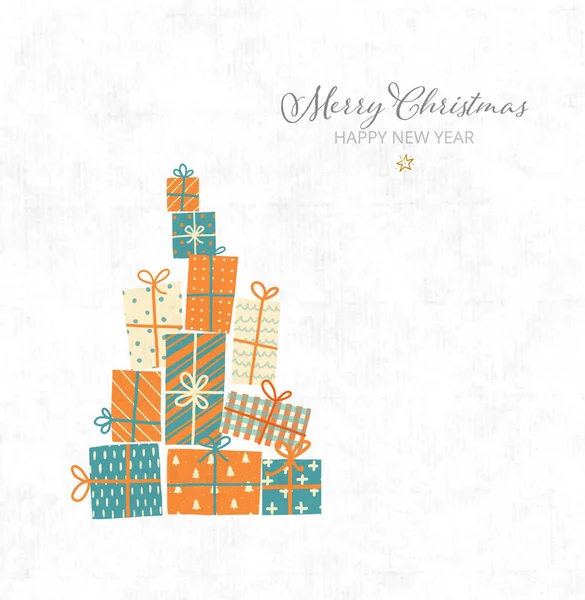 Weihnachtsgrußkarte Mit Geschenkschachteln Auf Strukturiertem Papier Hintergrund — Stockvektor