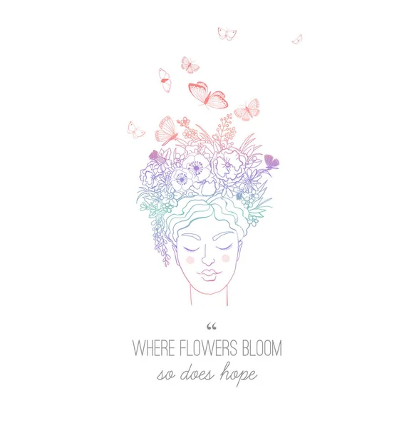 髪に花や蝶と若い美しい女の子 白の背景に落書きスケッチイラスト — ストックベクタ