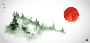 Yeşil mürekkep yıkama resminin vektör çizimi, sisli, barışçıl bir orman sahnesi yakalamak, geleneksel Asya sanat tarzı sumi-e hiyeroglifler - uyum, ruh, bilgelik, zen.