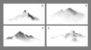 Her biri beyaz arka planda minimalist mürekkep fırçasıyla sisli zirveleri tasvir eden dört Japon sumi-e dağ tablosu. Hiyeroglifin çevirisi - sonsuzluk.