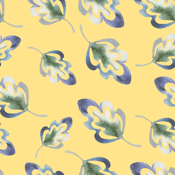 Απρόσκοπτη Μοτίβοεικονογράφηση Των Μπλε Ακουαρέλα Φύλλα Κίτρινο Φόντο Σχέδιο Για — Φωτογραφία Αρχείου