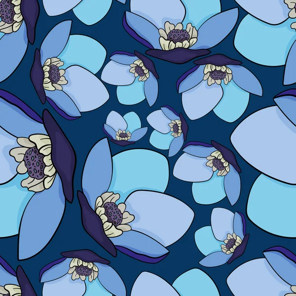Chamernik Seamless Vector Pattern Blue Background Pattern Purple Blue Flowers — Stock Vector