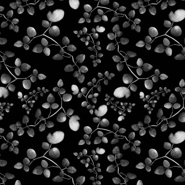 Okaliptüs yapraklı suluboya deseni. Siyah arka plan. Rapçiler, duvar kağıtları, kartpostallar, tebrik kartları, düğün davetiyeleri, romantik etkinlikler, tasarım veya arka plan için mükemmel.