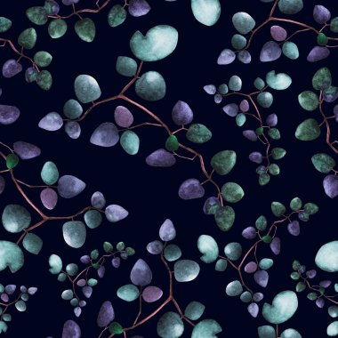 Okaliptüs yapraklı dikişsiz suluboya desen. Mavi arka plan. Rapçiler, duvar kağıtları, kartpostallar, tebrik kartları, düğün davetiyeleri, romantik etkinlikler, tasarım veya arka plan için mükemmel.