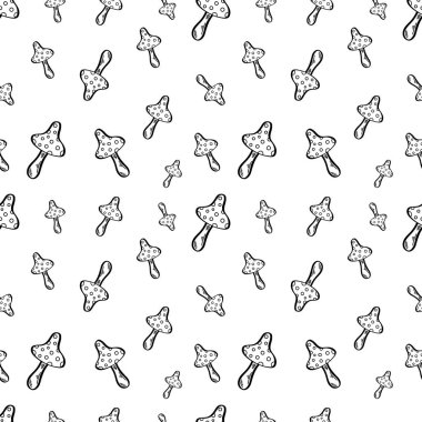 Yaban mantarlı kusursuz vektör deseni. Yenilmez mantarlar. Dekoratif mantar. Şekillendirilmiş illüstrasyon. Cadılar Bayramı, sonbahar tatili. Beyaz arkaplanda siyah çizgiler.