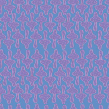 Yaban mantarlı kusursuz vektör deseni. Yenilmez mantarlar. Dekoratif mantar. Şekillendirilmiş illüstrasyon. Cadılar Bayramı, sonbahar tatili. Mavi arkaplanda mor çizimler.