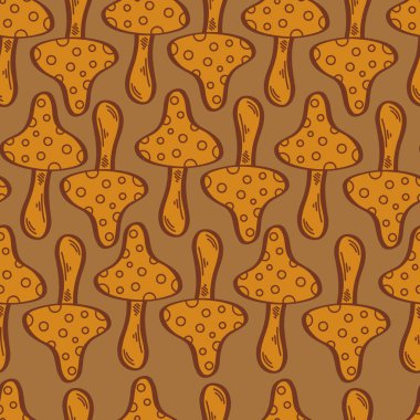 Yaban mantarlı kusursuz vektör deseni. Yenilmez mantarlar. Dekoratif mantar. Şekillendirilmiş illüstrasyon. Cadılar Bayramı, sonbahar tatili. Bej arkaplanda sarı çizimler.