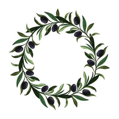 Suluboya zeytin çelengi. Resim suluboya boya ile boyanmıştır. Beyaz arka plan. Resim elle çizilir. Yazdırma, kağıt tasarımı, tipografi, duvar kağıdı, tekstil.