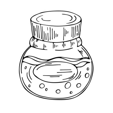 Beyaz arkaplandaki vektör ögesi. Bir iksirle şişenin tasviri. Parmak izi, tekstil, web siteleri ve parmak izi için siyah beyaz çizim. Simgeler.