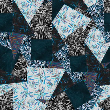 Soyut, dikişsiz suluboya deseni. Yama tarzında kumaş tasarımı. İllüstrasyon baskı, tekstil, ambalaj kağıdı, giysi, kartpostallar ve dekorasyon için kullanılabilir. Koyu mavi, cyan