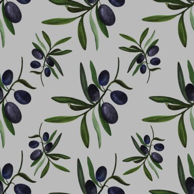 Suluboya zeytin dalları. Kusursuz desenli. Gri arkaplandaki bitkilerin tasviri. Parmak izi, duvar kağıdı, tekstil, yatak odası, arka plan, doku, desen ambalajları, kartpostallar için çerçeve..