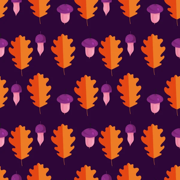 Векторный Бесшовный Шаблон Изображение Желудей Листьев Дуба Фиолетовом Фоне Шаблон — стоковый вектор
