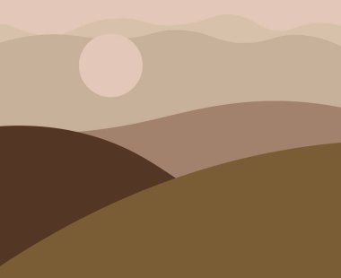 Manzaralı renkli bir arka plan, soyut bir manzara. El çizimi elementler veya eğrilerle soyut renklendirilmiş arkaplan. Yaratıcı vektör çizimi - poster tasarımı. Tarla ve dağlar.