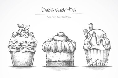 Tatlı ayarlayın. Gıda simgeler. Pasta, dondurma, cupcake, sweets. Kalem kroki koleksiyonu vektör çizim
