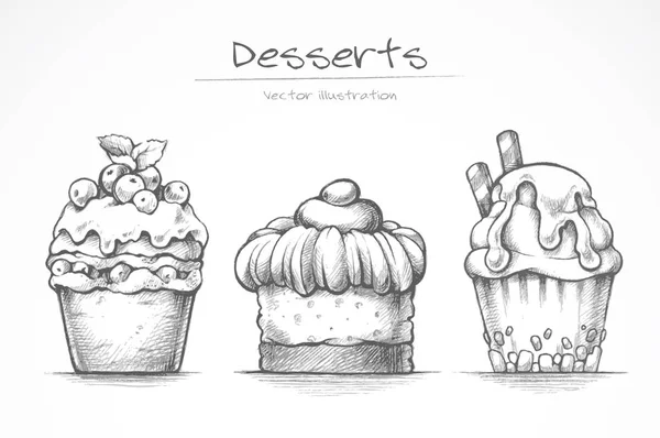 Set da dessert. Icone del cibo. Torta, gelato, cupcake, dolci. Raccolta di schizzi a matita illustrazione vettoriale — Vettoriale Stock