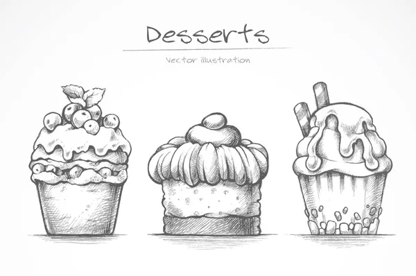 Set da dessert. Icone del cibo. Torta, gelato, cupcake, dolci. Raccolta di schizzi a matita illustrazione vettoriale Vettoriale Stock