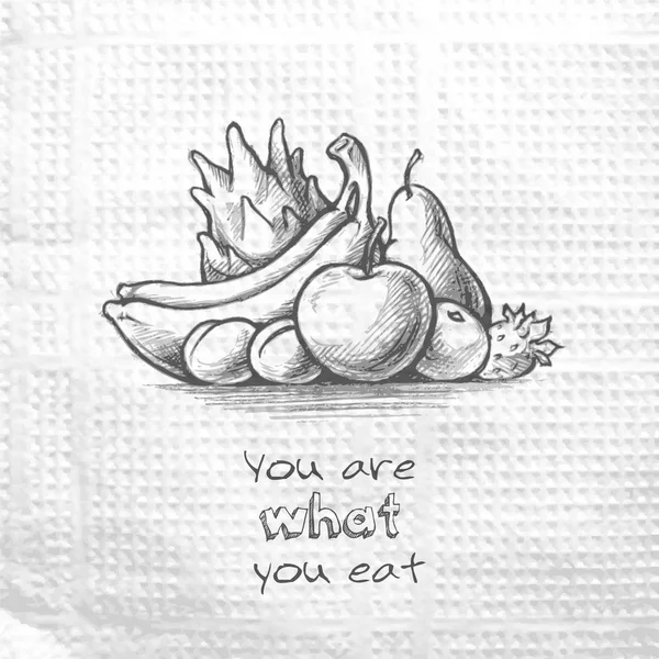 Kroki teslim meyve çizilmiş resim. Ne yiyorsan osun. İleti kağıt peçeteye. Sağlıklı yaşam motivasyon kavramı. — Stok Vektör