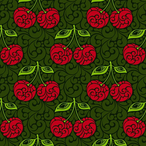 Ornament met bloemenelementen en decoratieve kersenbessen. — Stockvector