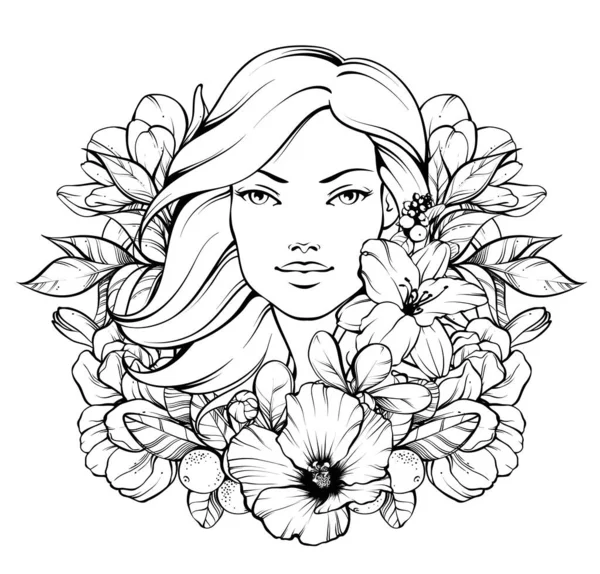 Beautiful girl with flowers. Linear black and white vector graphic illustration — Stock Vector