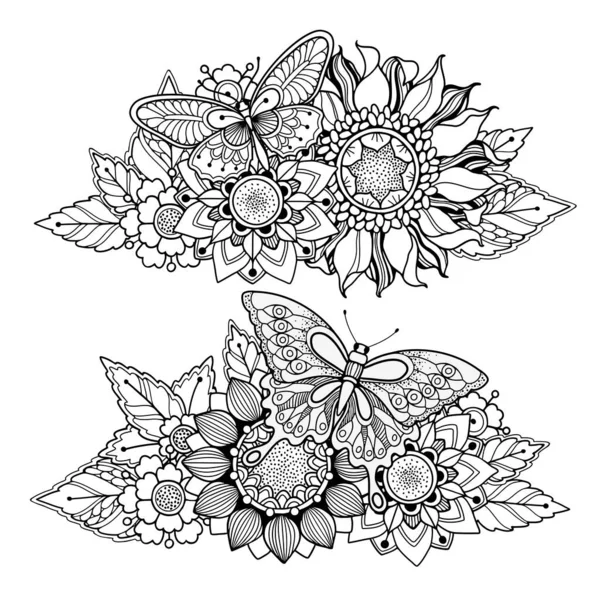 Conjunto de composición floral mágica en estilo doodle — Vector de stock