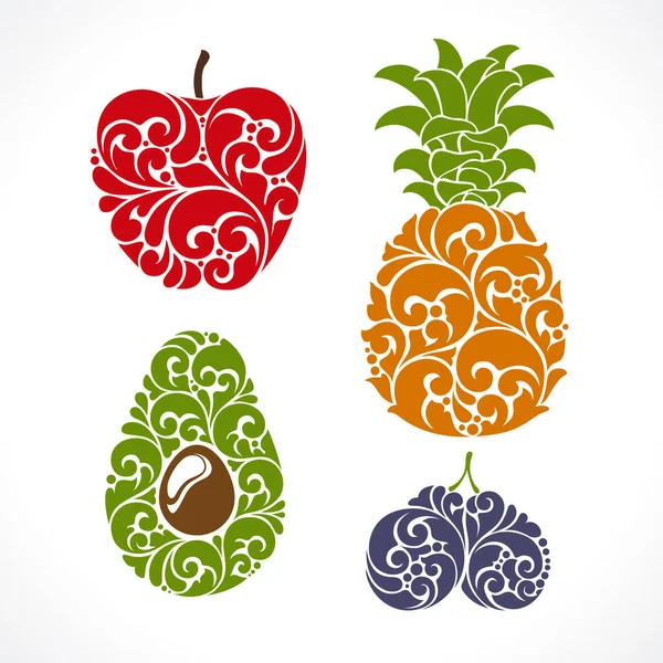 Mela, ananas, prugne, avocado colore vettoriale illustrazione isolato su sfondo bianco — Vettoriale Stock