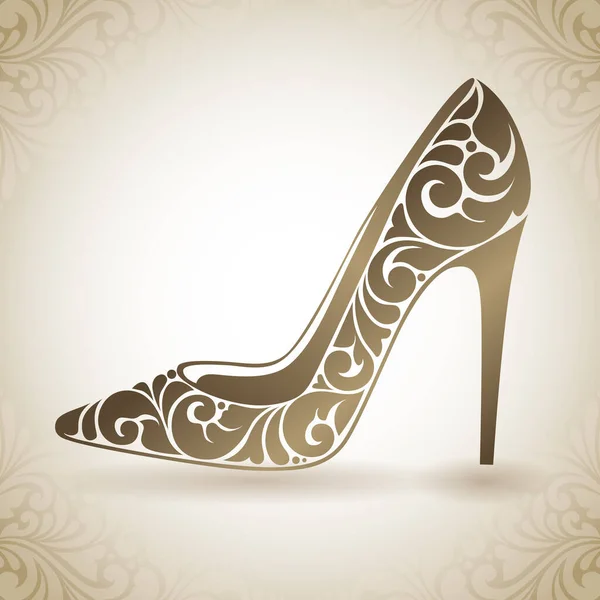 Klasik süslemeli yüksek topuklu ayakkabı. Desenli bir arkaplanda dekoratif simge
