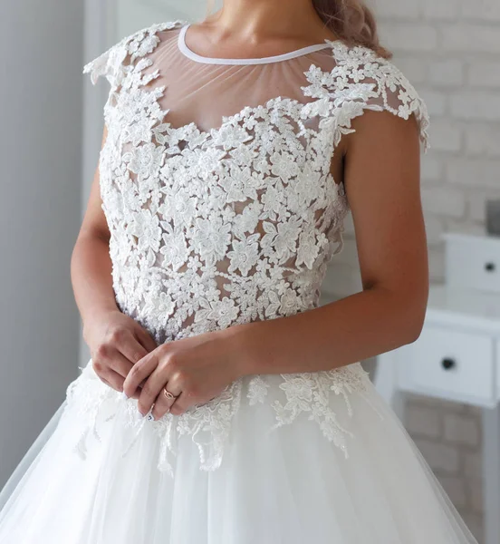Girl Tries Beautiful White Dress Studio — Stock Photo, Image