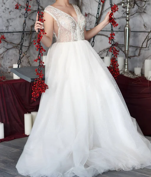 Bride Tries Beautiful White Wedding Dress Studio — Stock Photo, Image