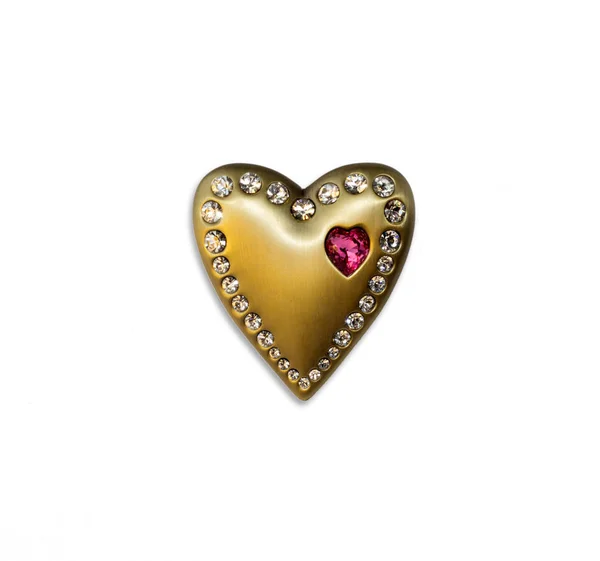 Golden Door Handle Rhinestones Form Heart Isolated White Background — Stock Photo, Image