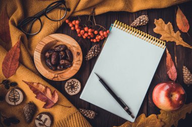 Şık düz görünüm sonbahar yaprak lay ve eşarp Kupası ahşap zemin üzerine dokulu. Sonbahar ya da kış kavramı. Metin için yer