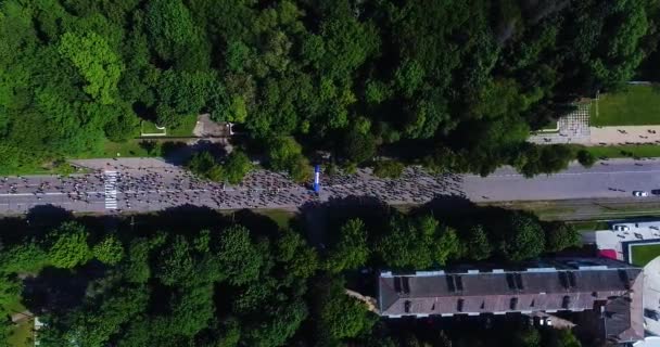 Luchtfoto Van Marathonlopers Asfalt Weg — Stockvideo
