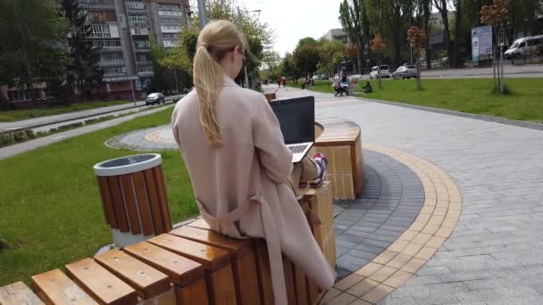 Upptagen Attraktiv Flicka Som Arbetar Laptop Som Sitter Bänken Stadsparken — Stockvideo