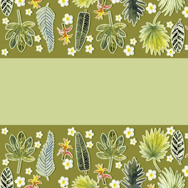 カラフルな熱帯の葉の水彩画のフレーム 招待状 グリーティングカード 壁紙のデザインのためのジャングルの概念 — ストック写真