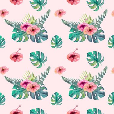 Seamless modeli. Tropikal yaprak suluboya arka plan... Tropikal yaprak suluboya arka plan. Çiçek çizimler.